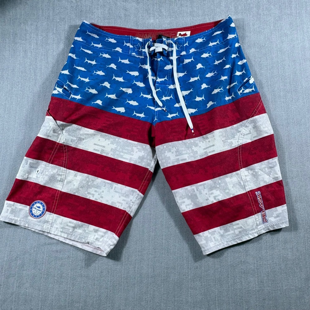 Pelagic Board Shorts Mens 32 Red Blue Sharkskin American Flag Fishing Shorts
